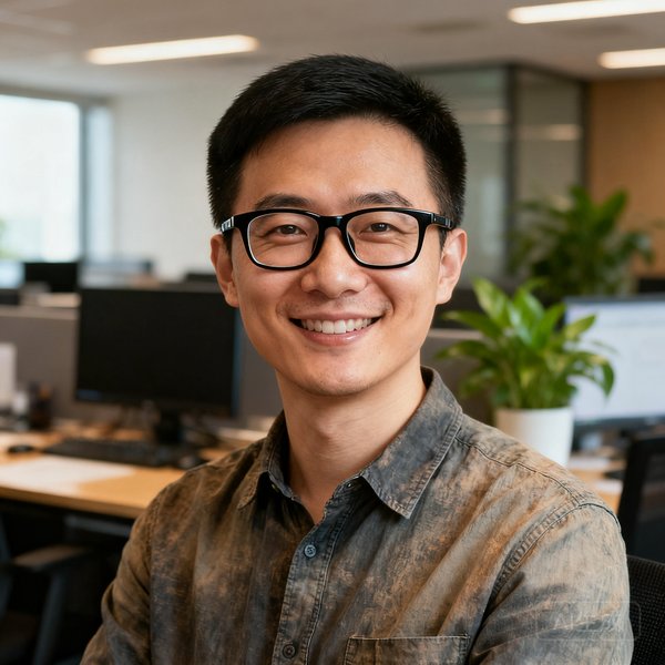 创始人张磊的正面肖像照，戴着黑框眼镜，穿着休闲衬衫，面带自信微笑，背景为办公室环境