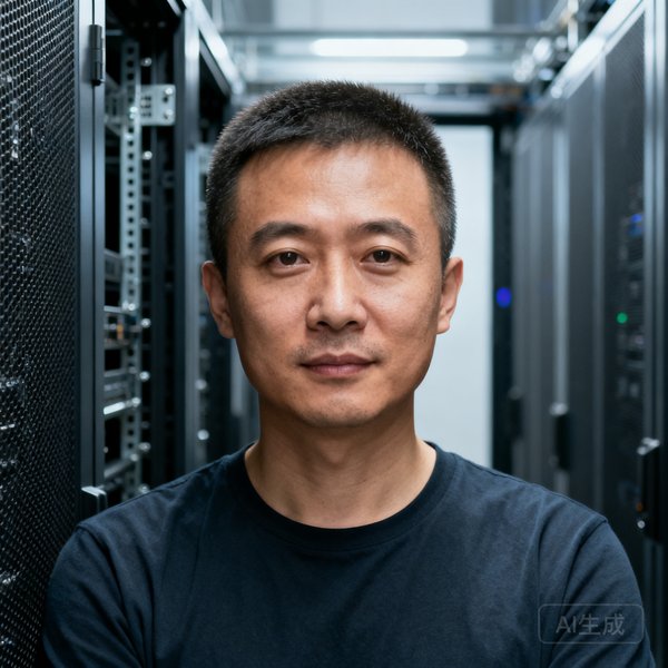 技术总监李明头像，短发精干的男性，穿着深色T恤，背景为服务器机房