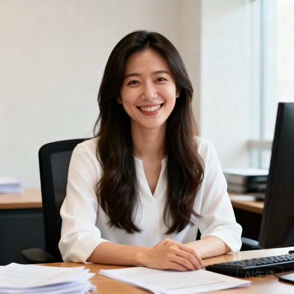 运营经理王萍头像，长发女性面带亲切笑容，穿着白色上衣，坐在办公桌前