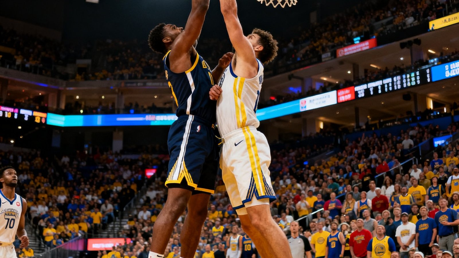 NBA篮球比赛高清直播画面，两名球员在篮下激烈对抗争抢篮板球，球场灯光璀璨观众席座无虚席